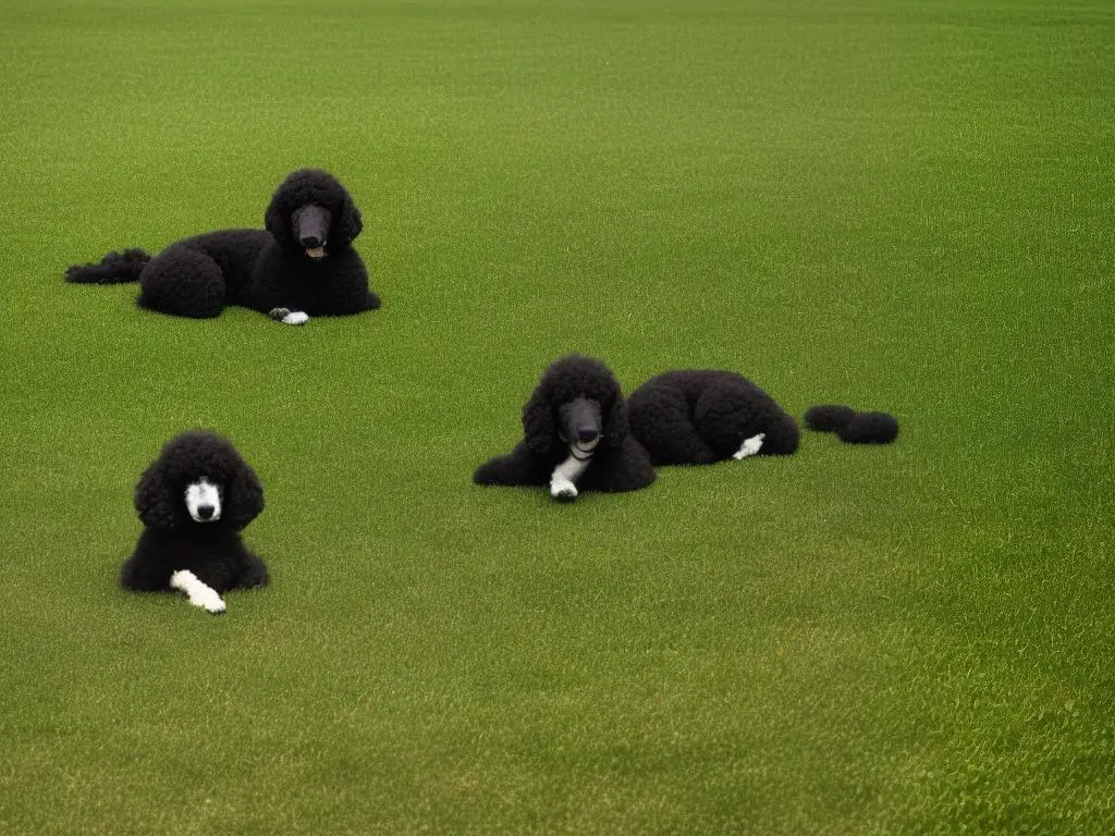 A Standard Poodle sitting on a green grassy field looking up in the air.