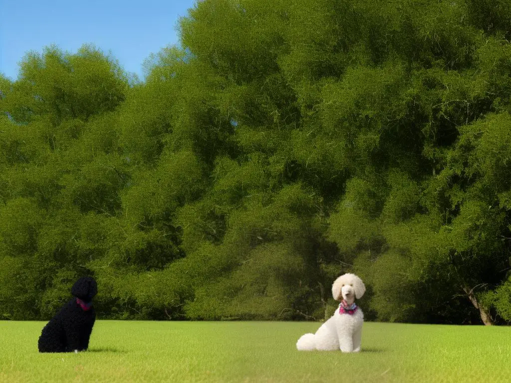 A standard poodle sitting on a grassy field looking off into the distance