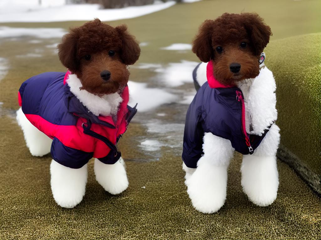 An image of a teacup poodle wearing a winter coat and boots, ready for a winter walk.