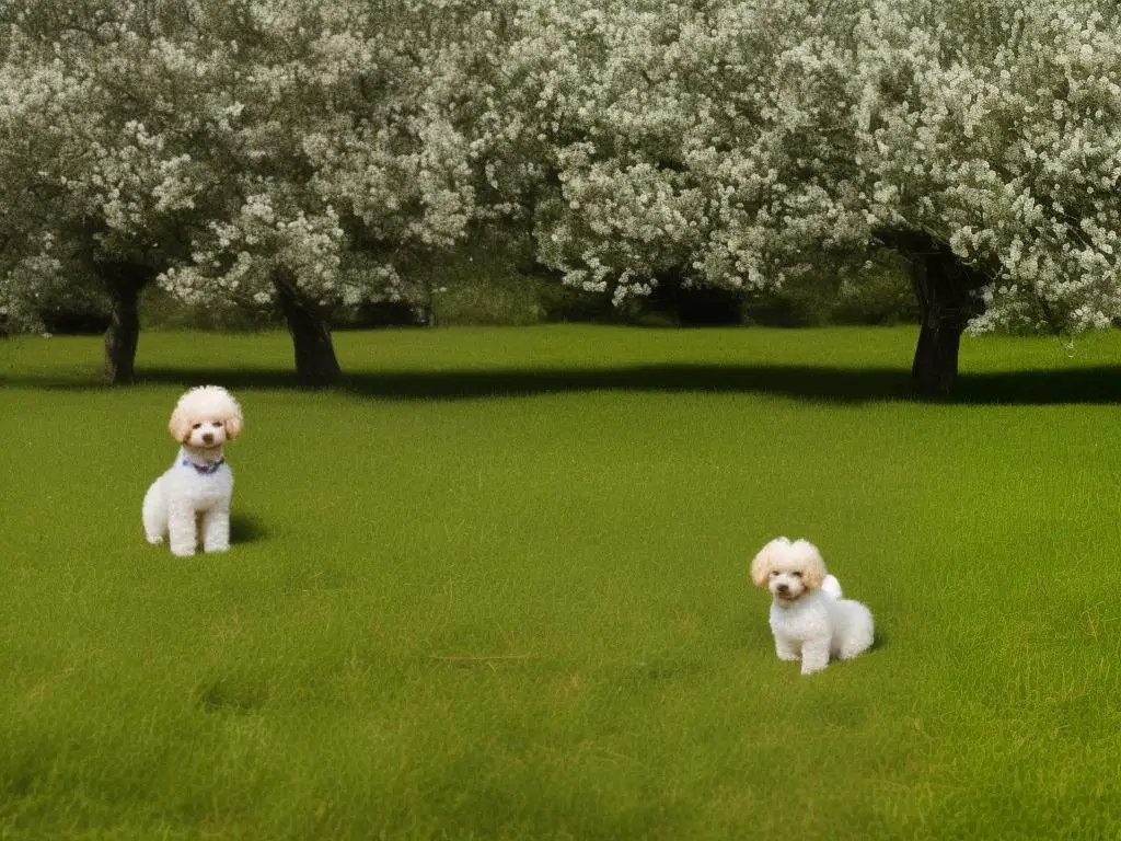 A photo of a cute Teacup Poodle sitting on a grassy field with trees in the background