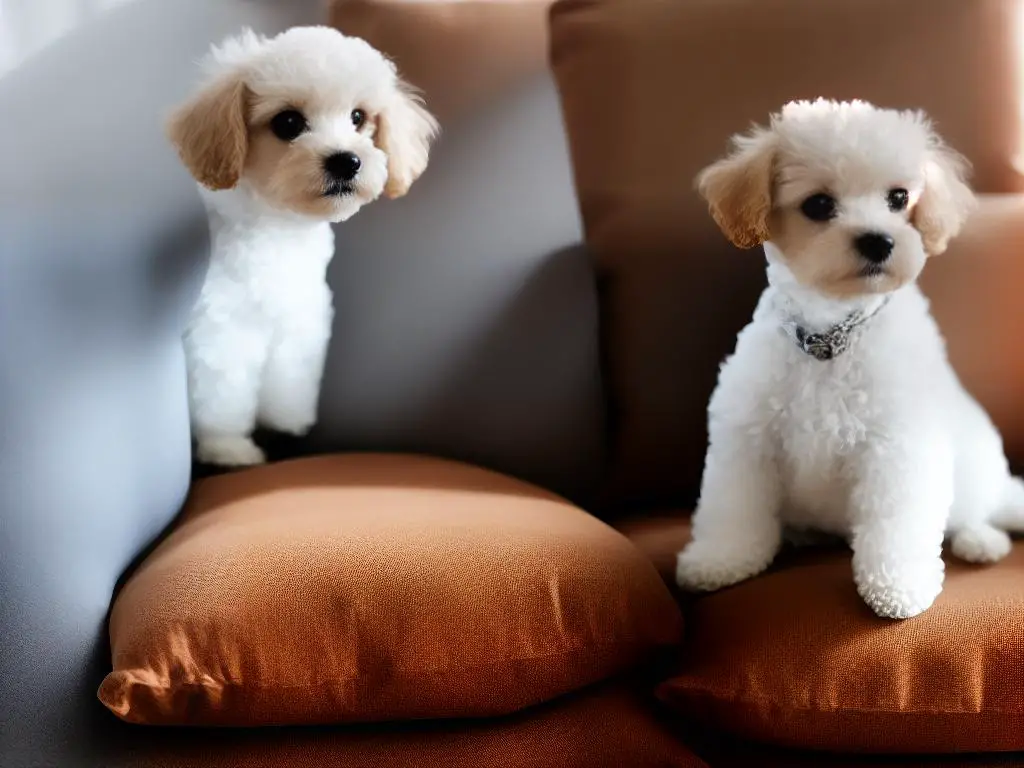 A cute teacup poodle sitting on a cushion.
