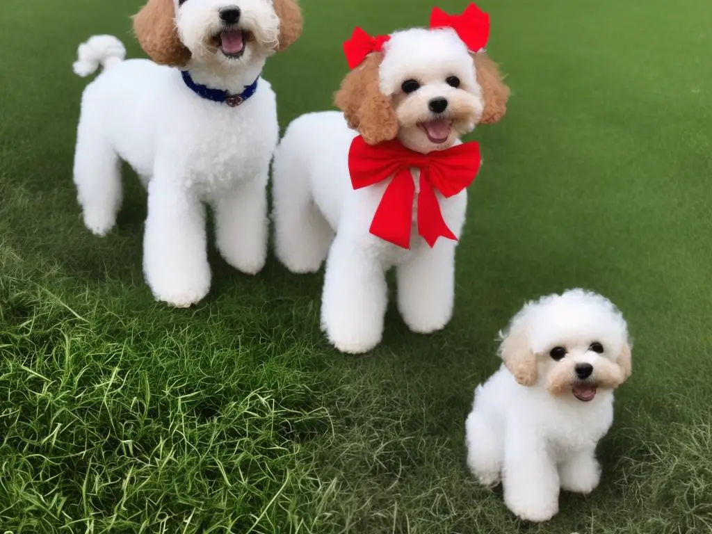 a small white and brown teacup poodle with curly hair and a bright red bow on its head