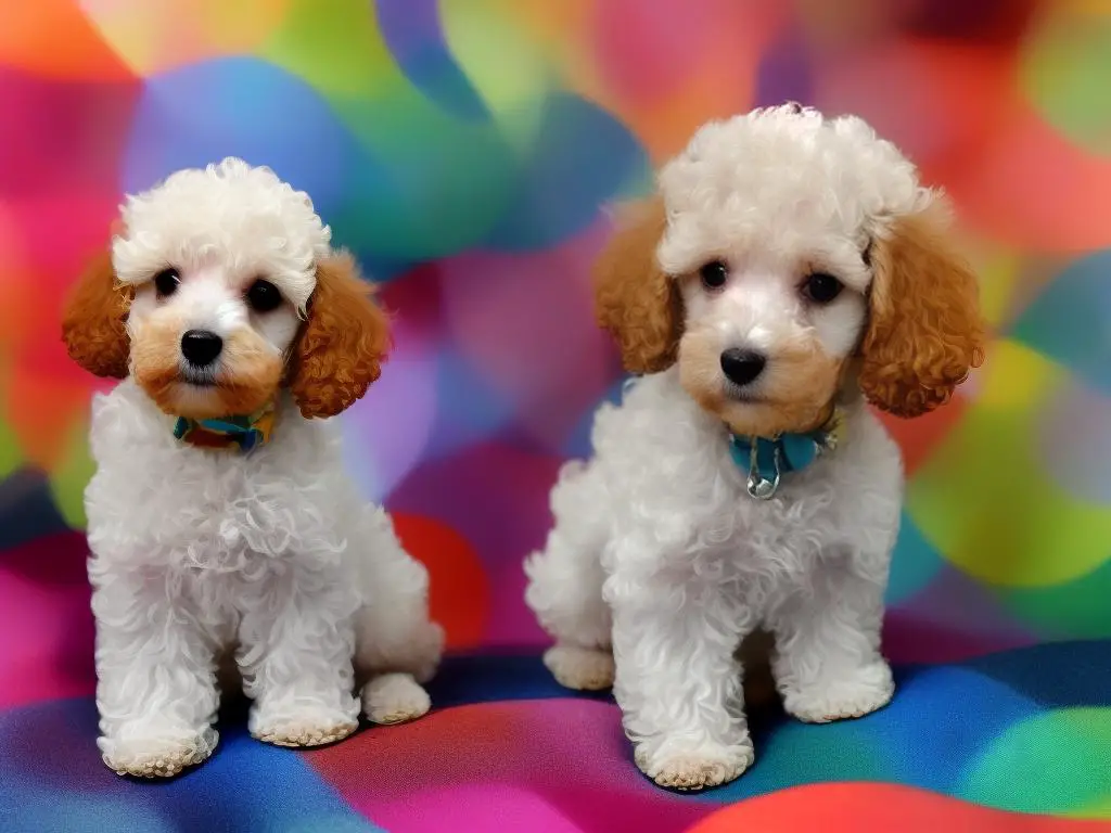 A teacup poodle sitting on a colorful background