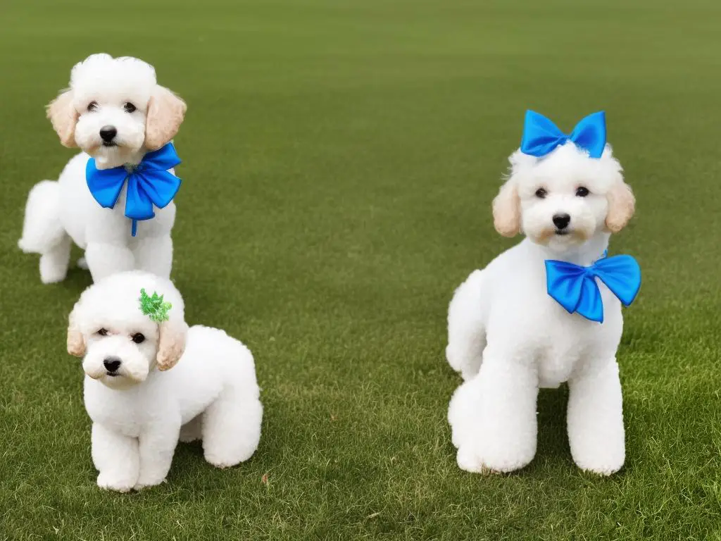 A white teacup poodle wearing a blue bow, sitting beside a green grassy area in the sun.