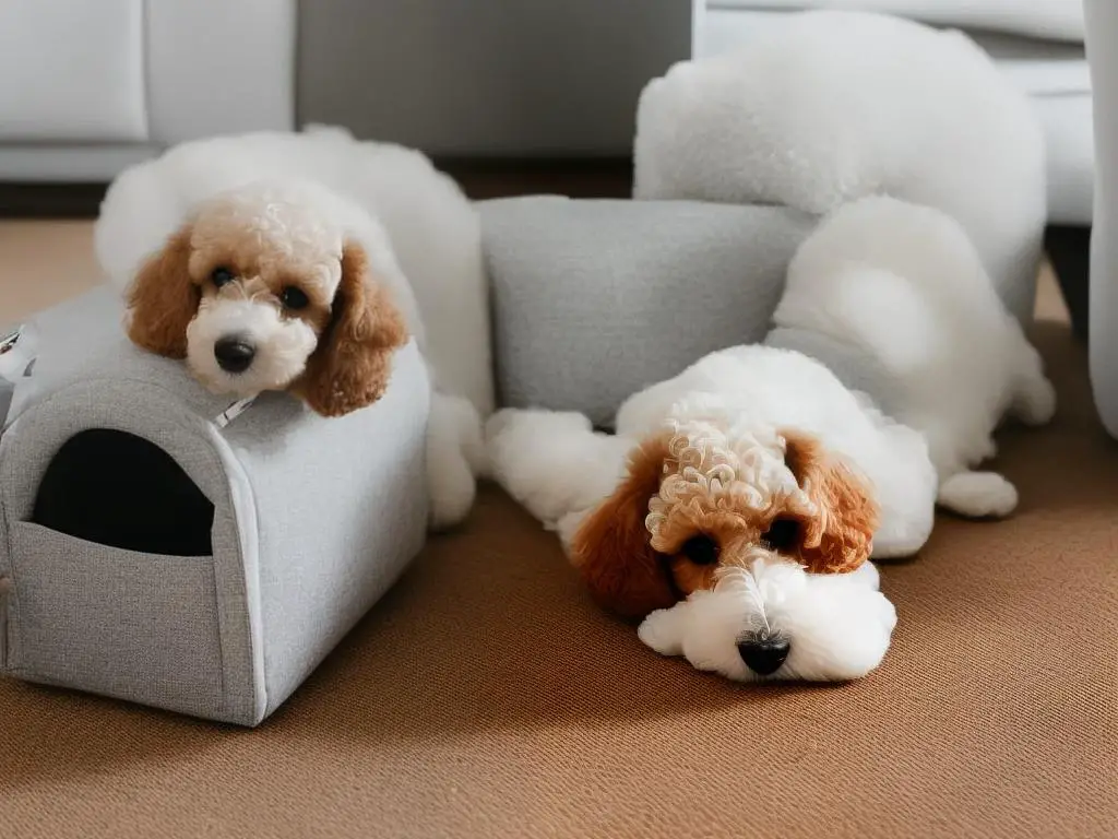 A teacup poodle comfortably resting inside a crate, with a dog toy in the background.