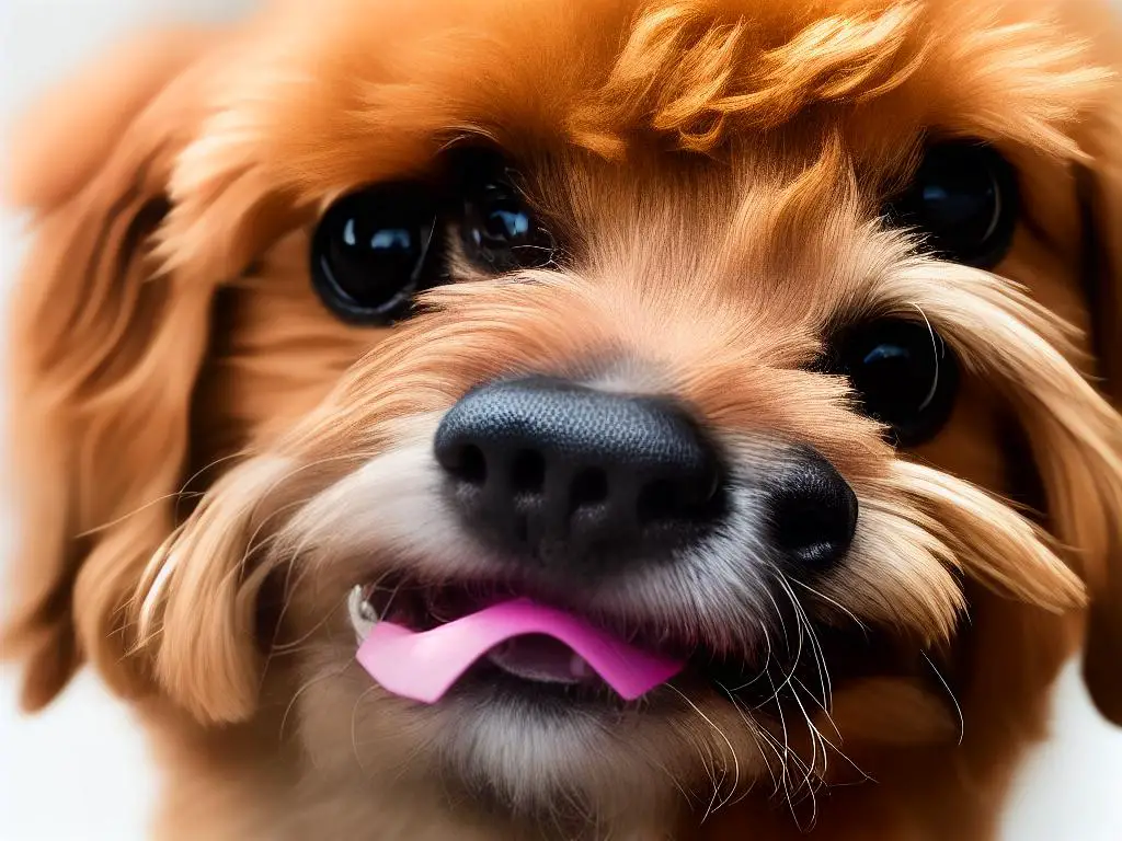 A close-up of a Teacup Poodle's open mouth, with its tongue out and teeth visible, highlighting the importance of dental care for pet Teacup Poodles.