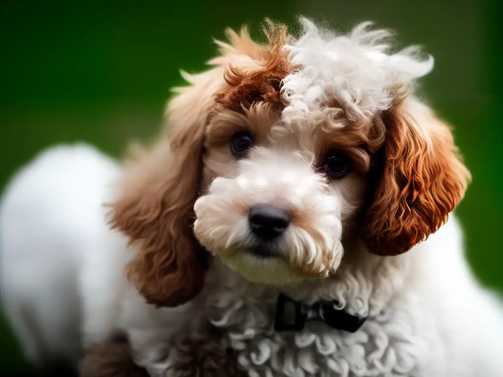 A Teacup Poodle of white color with brown and black fur, gazing sideways with cute and innocent eyes with a blurred garden in the background