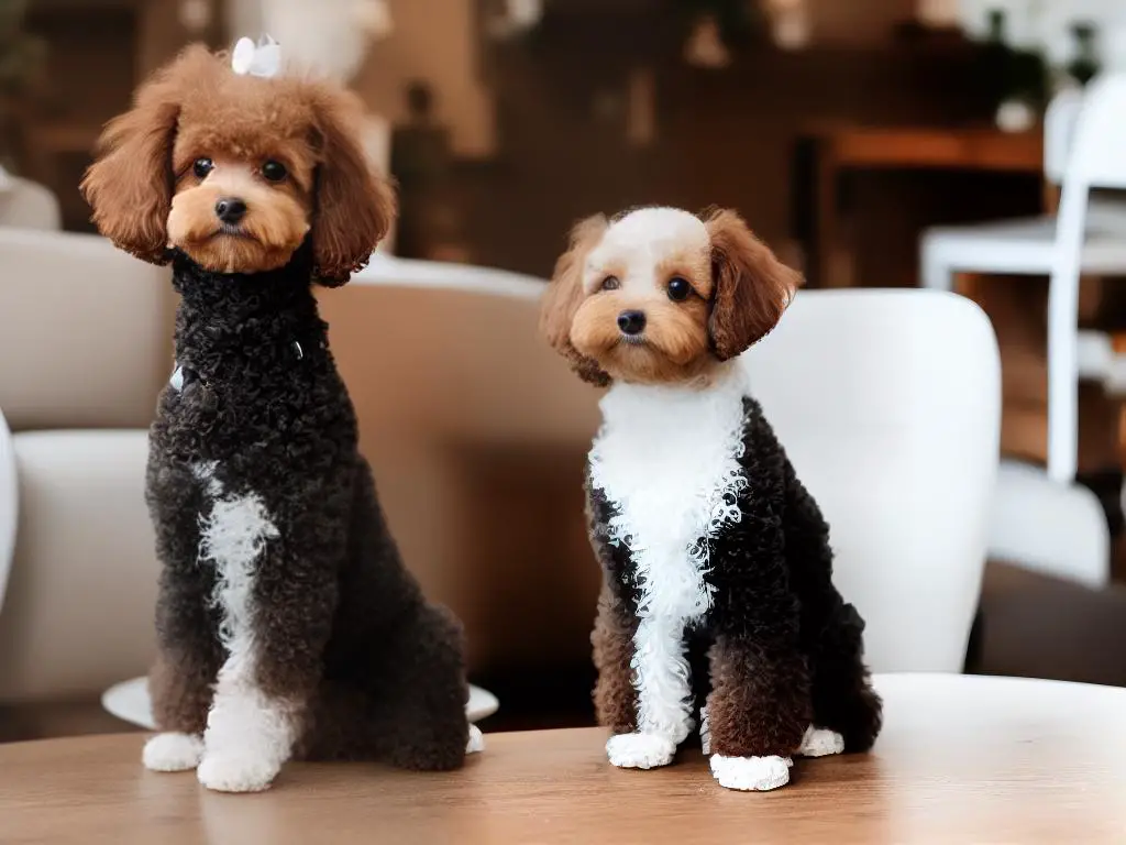 A teacup poodle sitting on a table looking happy and healthy