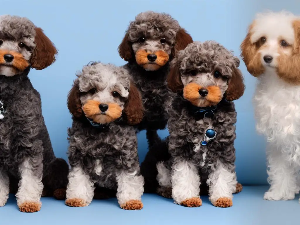 A grey Teacup Poodle and a brown Miniature Poodle, sitting side by side and facing the camera, with a blue background.