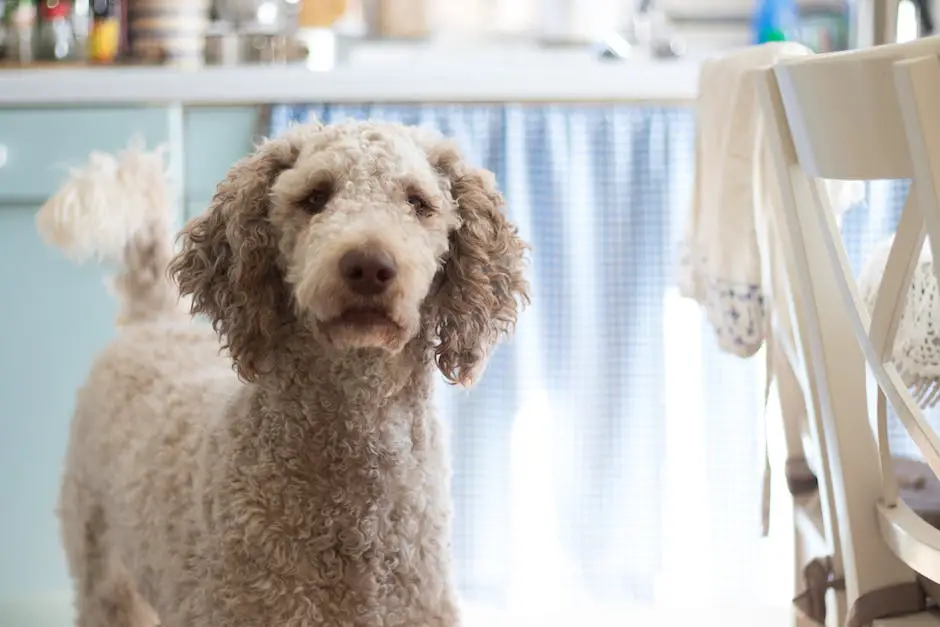 A picture of a teacup poodle standing on a green field with a curious expression