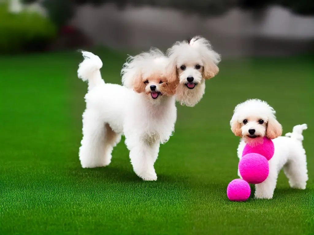 A teacup poodle standing on a grassy outdoor area with a pink toy in its mouth.