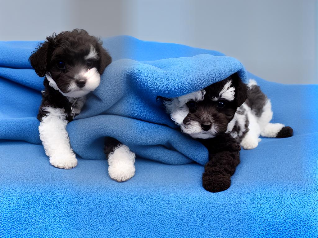 A photo of a teacup poodle puppy sitting on a blue blanket.