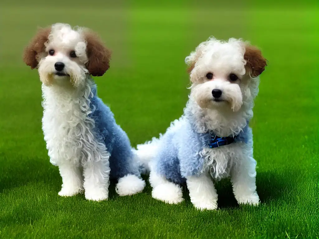 A teacup poodle sitting on a bright green grass field with a blue sky in the background, looking playful and happy.