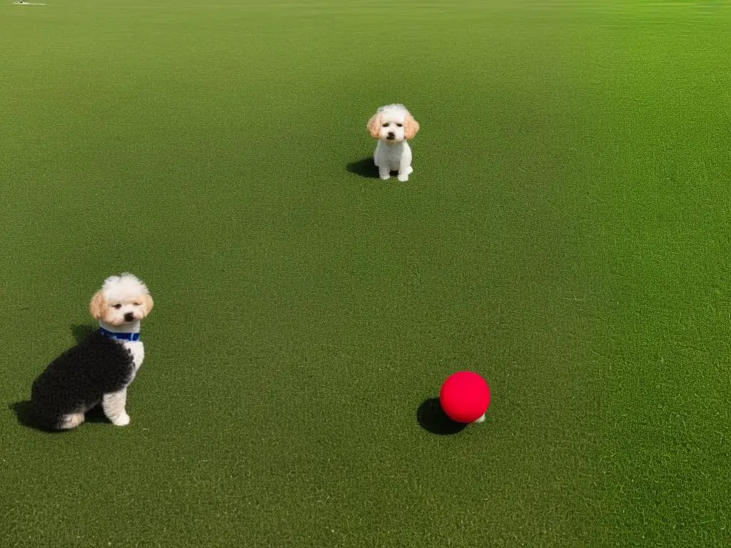A teacup poodle sitting on a green field with a red ball, happily looking up at its owner who is visible from the legs down and holding the ball in his hand