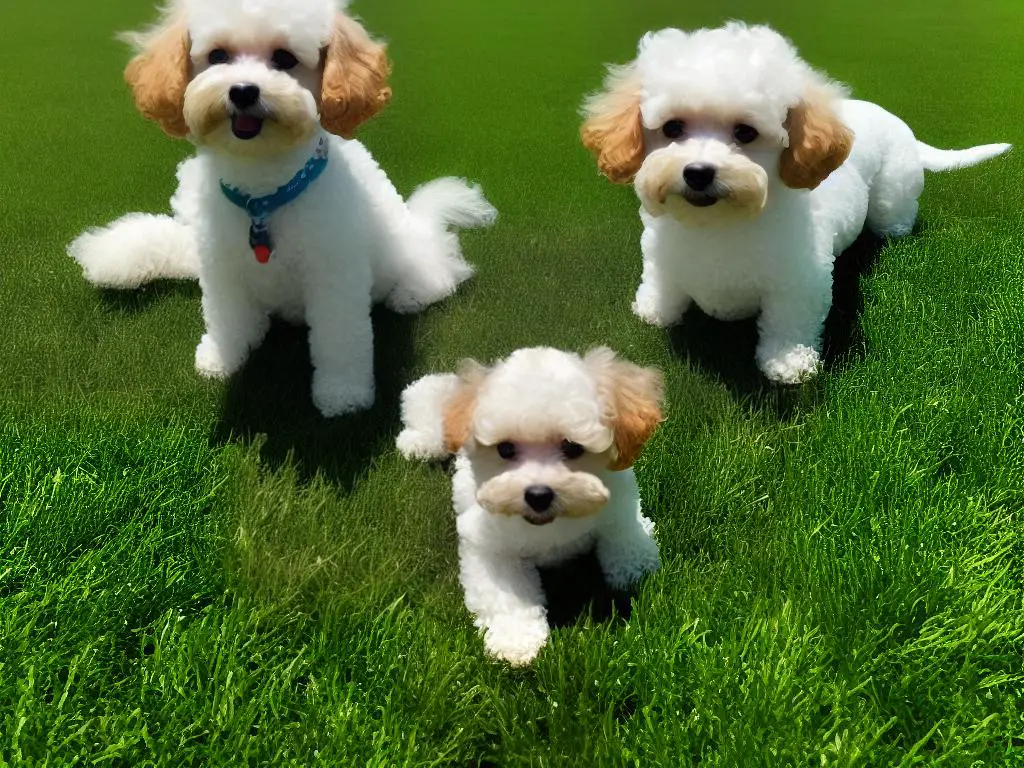 a happy teacup poodle sitting on a green grass field with a blue sky in the background