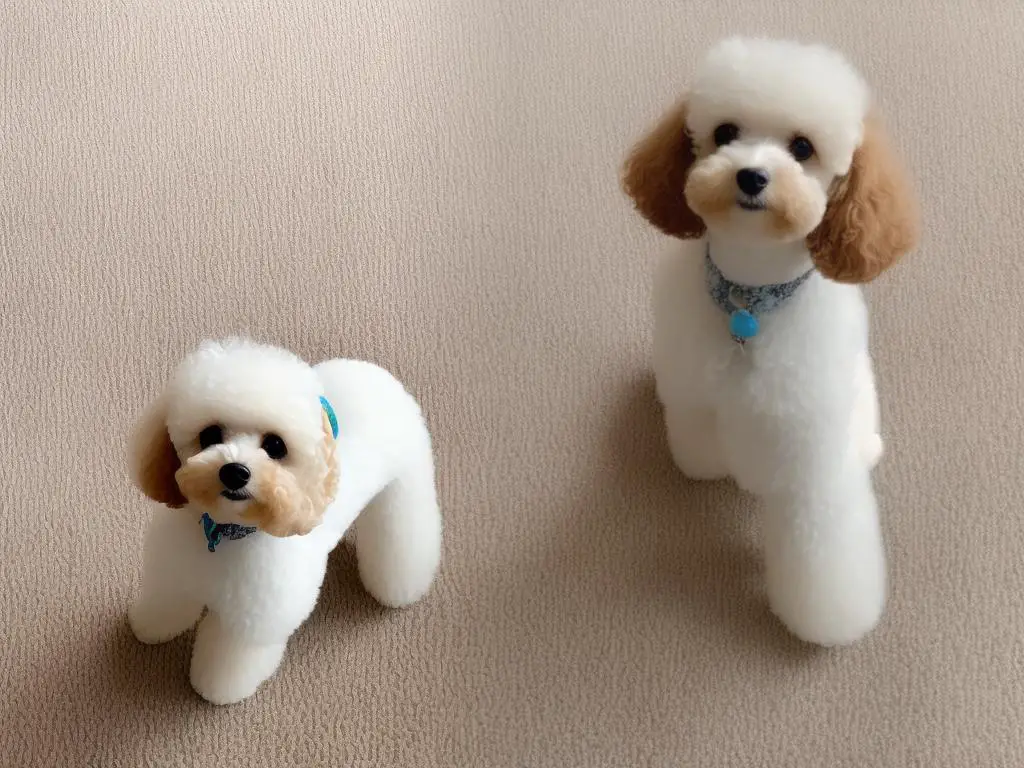 A beige-colored Teacup Poodle sitting on a white carpet, looking into the camera.