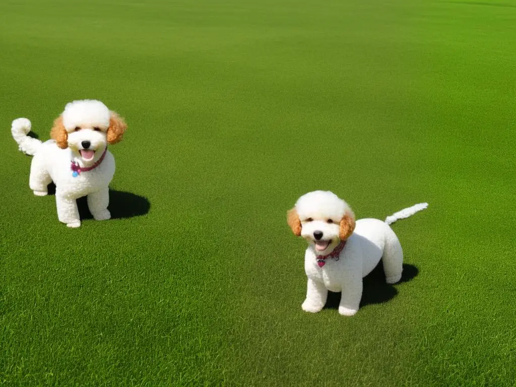 A smiling teacup poodle with healthy teeth and gums sitting on a green grassy field