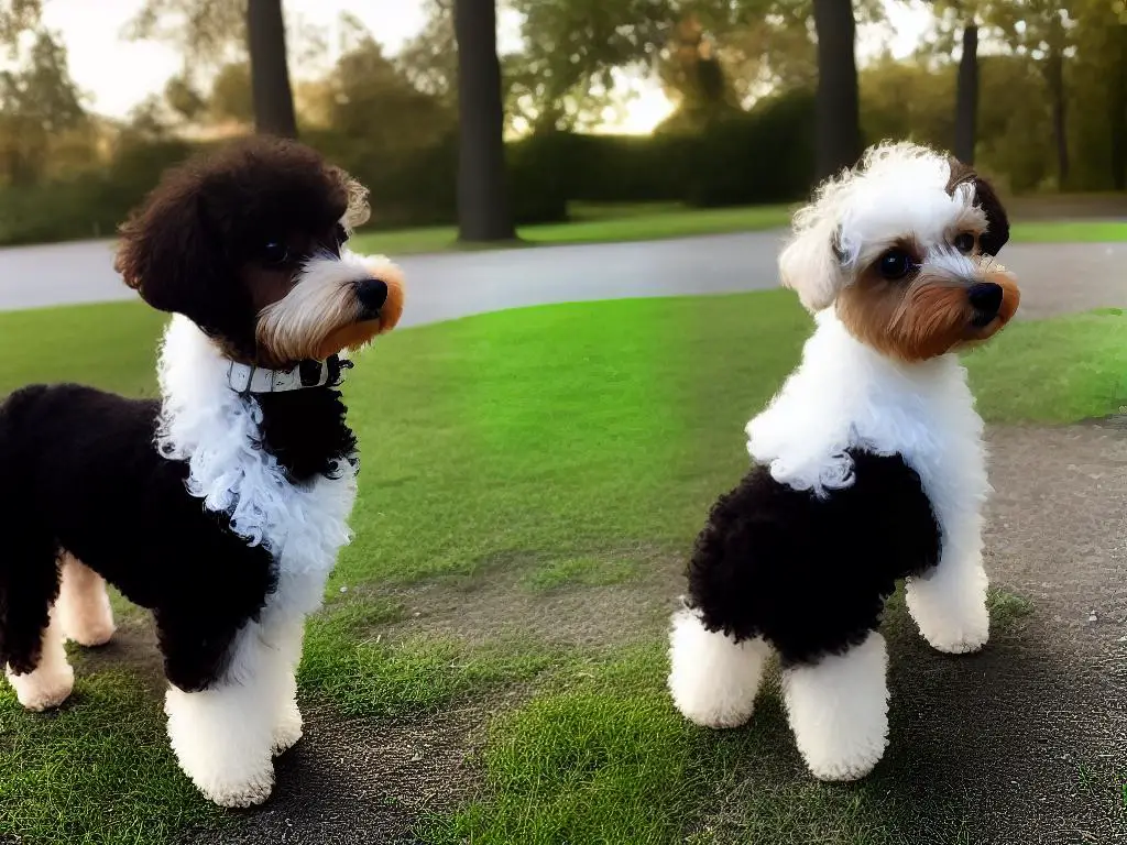 A teacup poodle sitting and looking up in a park