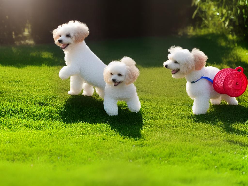 A small, happy teacup poodle playing with a colorful toy