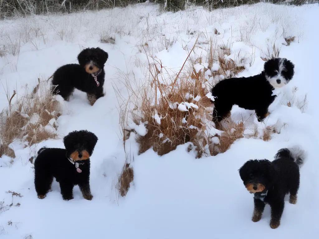 A photo of a small, curly-haired dog with black fur and brown paws standing in the snow