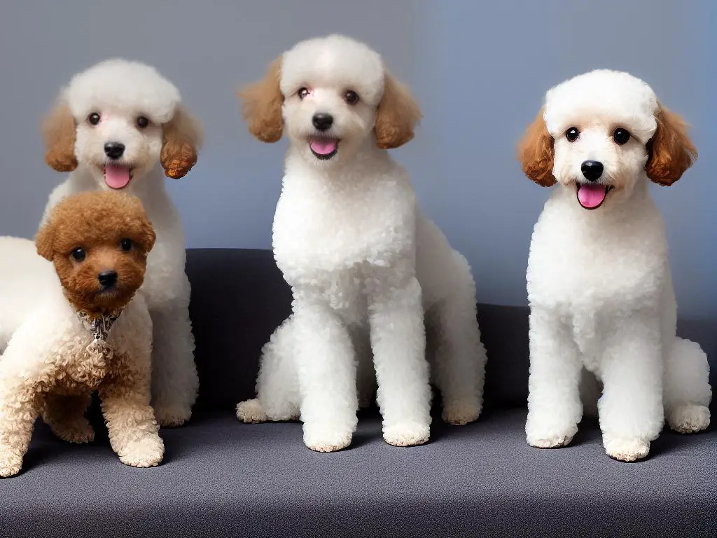 Comparison of a Teacup Poodle and a Toy Poodle Side By Side, Sitting In A White Studio with a Gray Background