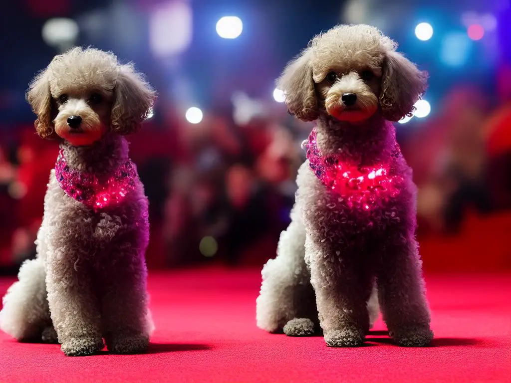 An image of a teacup poodle sitting on a red carpet with flashing lights in the background.