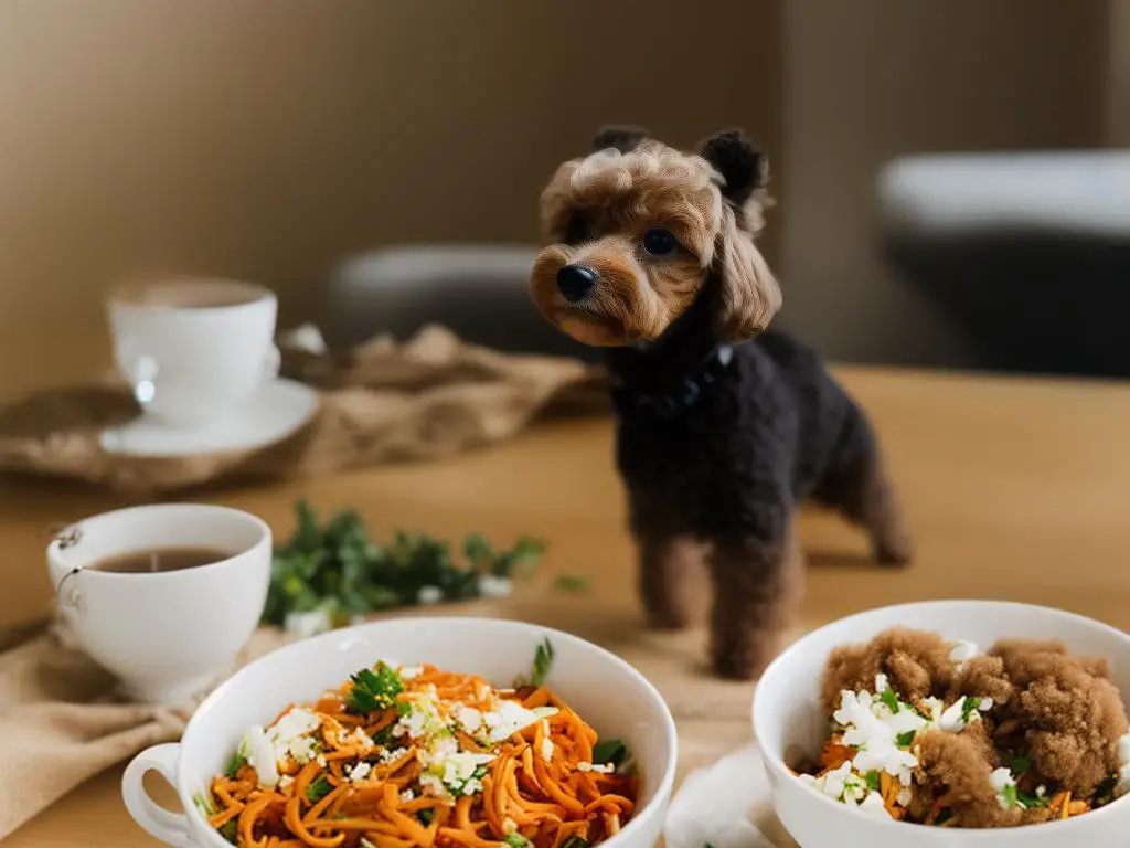 A small teacup poodle with a bowl of food