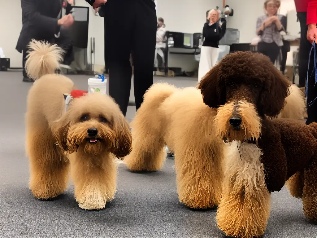 A picture of a poodle mix receiving treats during a training session.