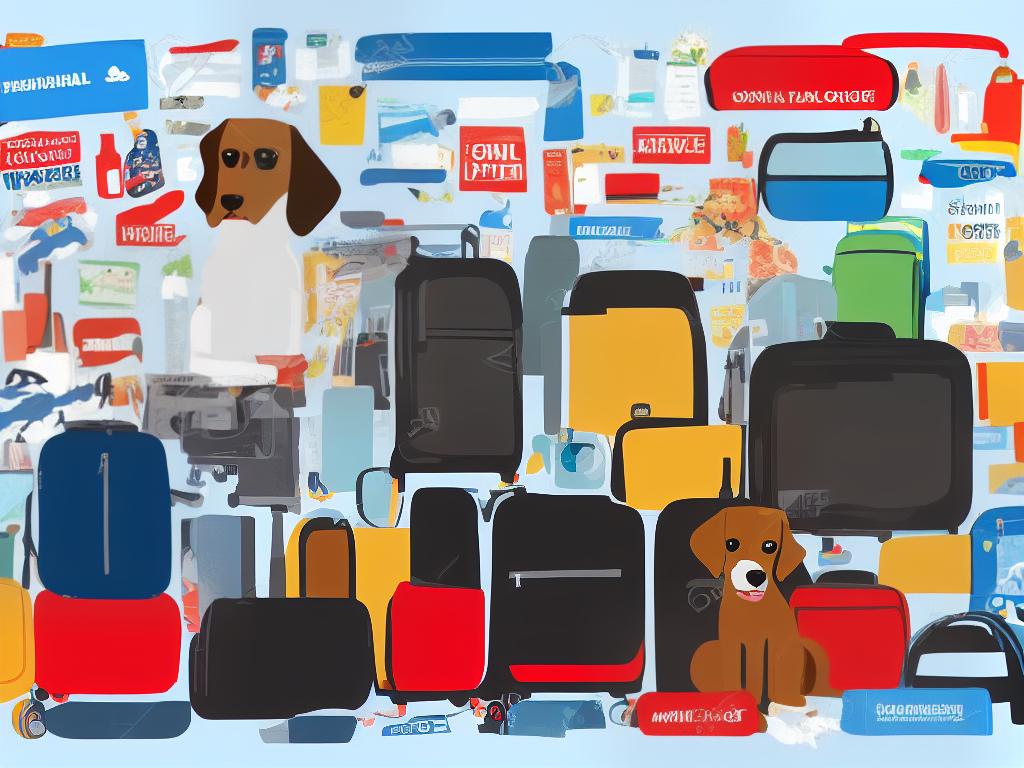 A cartoon-style illustration of a dog with a backpack sitting on a suitcase with travel stickers on it.