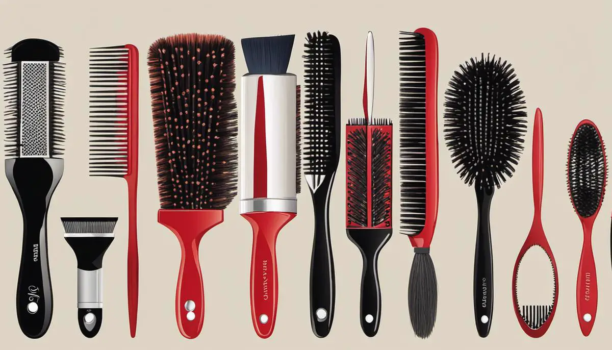 Illustration of different types of brushes for Poodles, including slicker brushes, bristle brushes, and pin brushes.