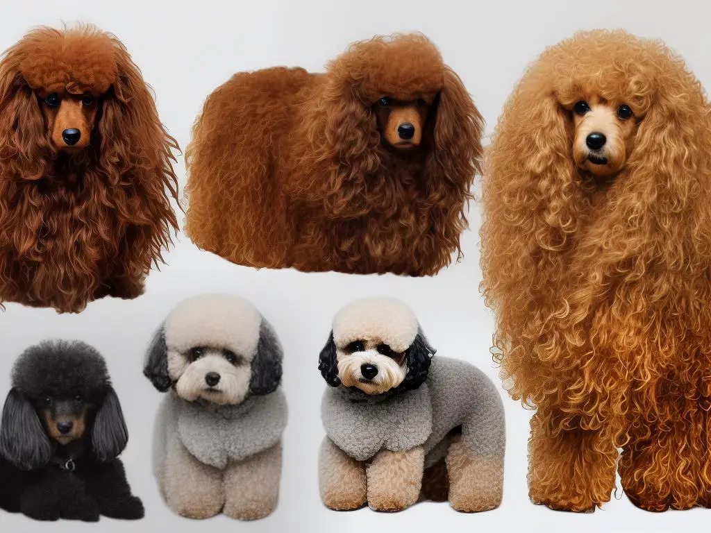 Illustration of three different types of poodle coats - curly, corded, and wavy - showing the differences in coat texture and appearance.