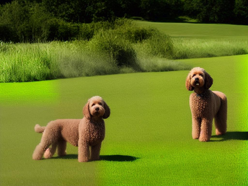 A Labradoodle dog standing on a grass field with its curly hypoallergenic coat.