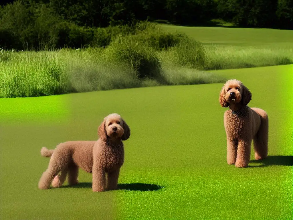 A Labradoodle dog standing on a grass field with its curly hypoallergenic coat.