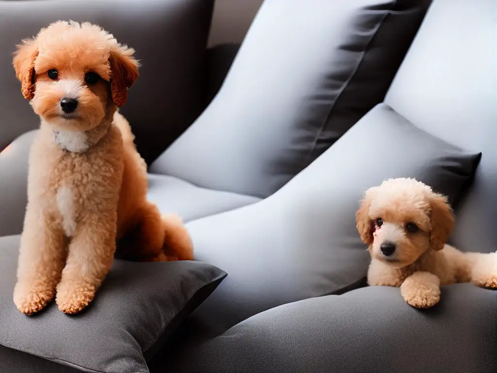 A small Teacup Poodle sitting on a cushion, looking into the camera with expressive eyes